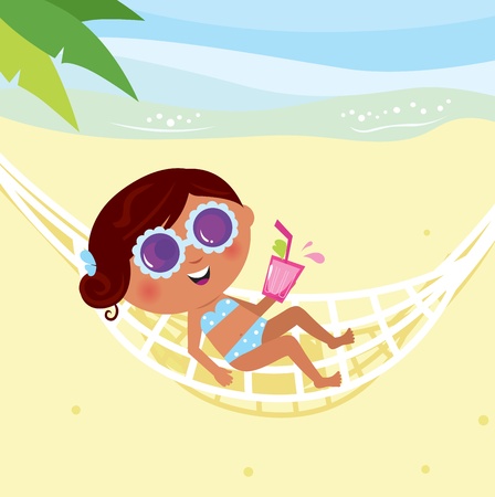 Summer & holiday: bikini girl sunbathing in hammock. Vector Illustration.のイラスト素材