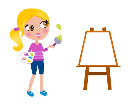 Happy blond Artist girl, Easel - isolated on white. Vector Illustrationのイラスト素材