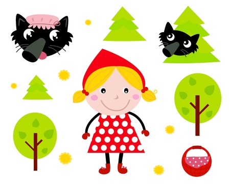 Red riding hood and wolf tale icons isolated on white. Vector cartoon illustration.のイラスト素材