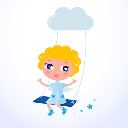 Blond Angel sitting in the sky - Vector Illustration. のイラスト素材
