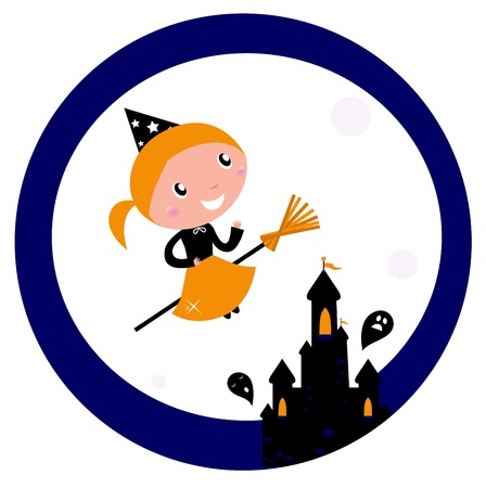 Cute Witch girl flying around Halloween haunted castle. Vector cartoon Illustration.のイラスト素材