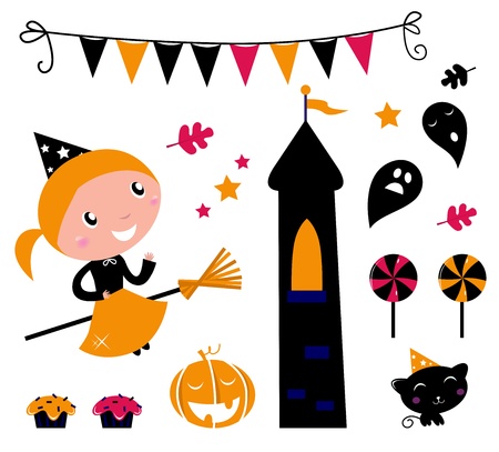 Cute little Halloween Witch, various items for celebration. Vectorのイラスト素材