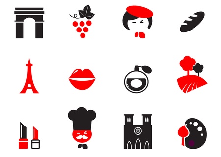 Icons set and design elements with French and Paris themes. Vector cartoon.のイラスト素材