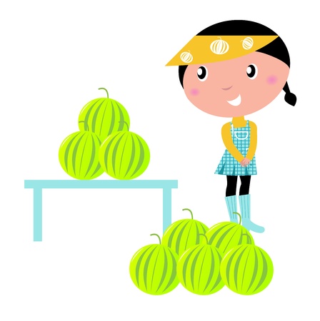 little girl with melons. vector cartoon illsutration.のイラスト素材