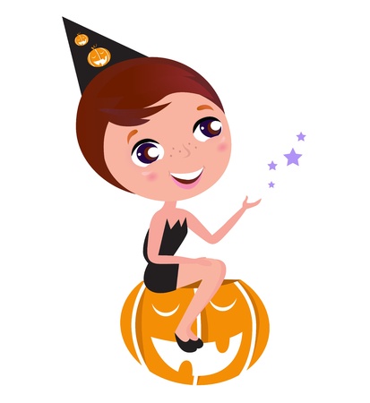 Little Witch Child in Halloween Costume. Vector cartoon Illustration.
のイラスト素材
