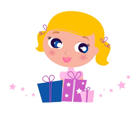 Cute Blond Girl with Gifts. Vector cartoon Illustration.のイラスト素材