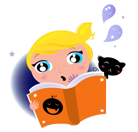 Little Girl reading Halloween book, Ghosts, Black cat. Vector cartoon Illustration.のイラスト素材