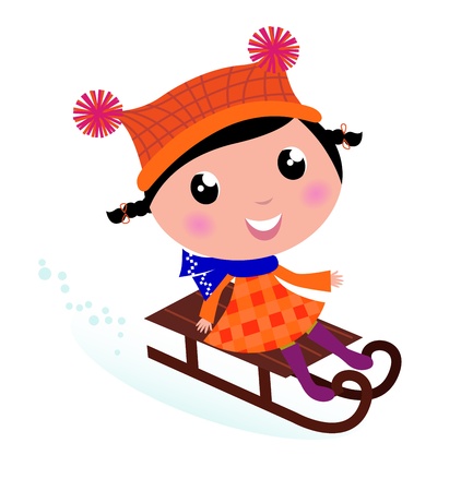 Cute Girl sledding in Winter. Vector cartoon Illustration.のイラスト素材