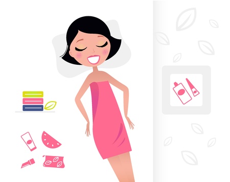 Cute beauty woman in beauty salon. Vector Illsutration in retro style.のイラスト素材