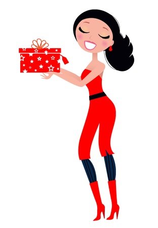 Sexy pretty Woman with Christmas Gift. Vector illustrationのイラスト素材