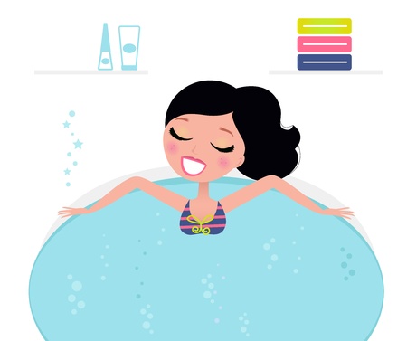 Woman relaxing in whirlpool isolated on white. Vector Illustration in retro styleのイラスト素材