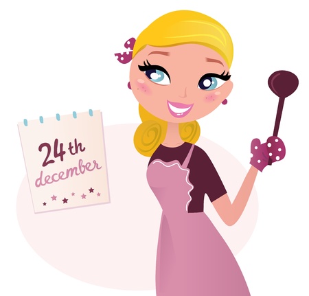 Blond Chef woman cooking on Christmas. Vector Illustration in retro style.のイラスト素材