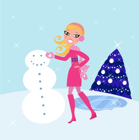 Cute blond woman building snowman. Vector illustration.のイラスト素材