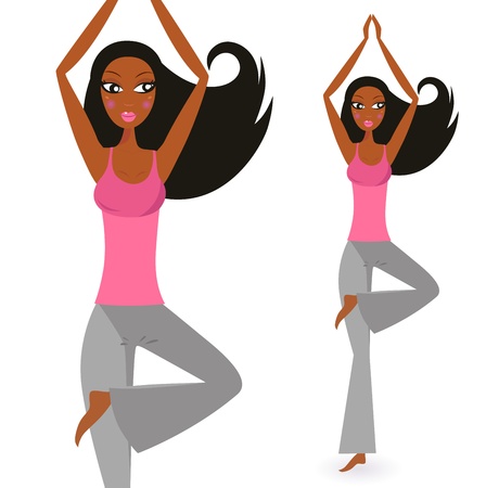 Cute afro woman practicing yoga exercise. Vector Illustration.のイラスト素材