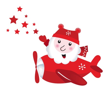 Santa Claus in airplane touching stars. Vector retro Illustrationのイラスト素材