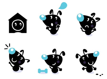 Cute style vector icons. Little black dog in various poses - thinking, looking, angry etc. Vector Illustration.のイラスト素材