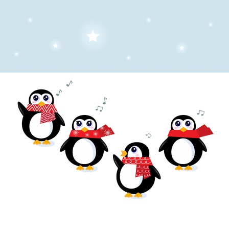 Cute Penguins singing christmas song. Vector Illustrationのイラスト素材