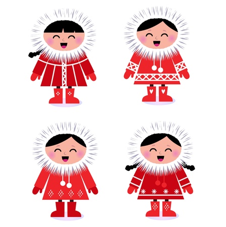 Cute eskimo children in red coat. Vector retro illustrationのイラスト素材