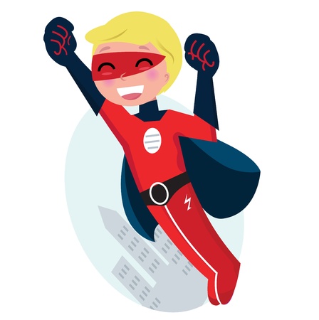 Red superhero boy fighting with fist. Vector cartoon Illustrationのイラスト素材