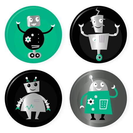 Happy robots friends badges. Vector cartoon Illustration.のイラスト素材