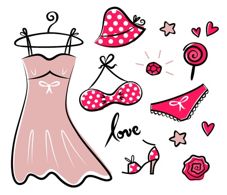 Vector doodle set of red fashion accessories or items for woman.のイラスト素材