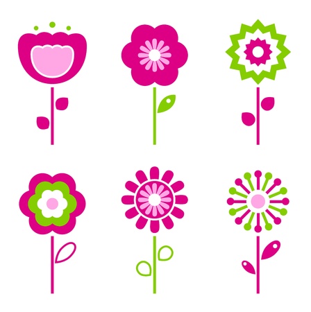 Collection of green and pink retro spring flowers - vectorのイラスト素材