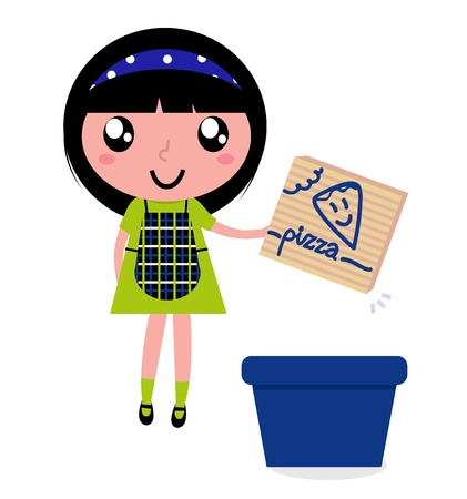 Child with blue recycling bin isolated on white. Vector Illustration.のイラスト素材