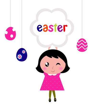 Girl with easter banner and eggs. Vector cartoon Illustration.のイラスト素材