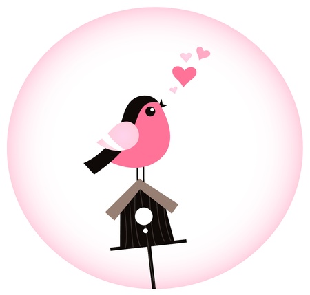 Sweet pink bird singing love song isolated in pink circle. Vectorのイラスト素材