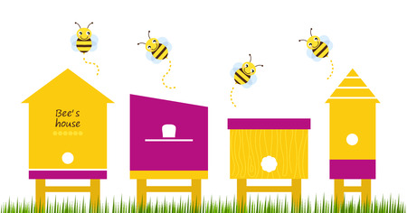 Cute simple Bee houses with bees  のイラスト素材