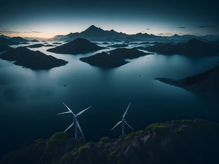 Renewable Energy Wind Turbine Power Generation on the Sea Background.  Generative aiの素材