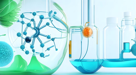 Biological research Laboratory glassware with chemical liquid on blue background. 3d illustration Generative aiの素材