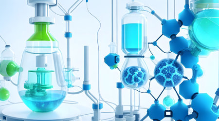Biological research Laboratory glassware with chemical liquid on blue background. 3d illustration Generative aiの素材