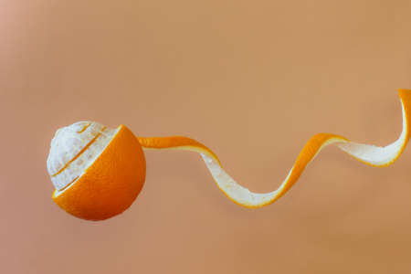 Photo of an orange with a peeled spiraled stripe hanging in the air on a coral backgroundの写真素材