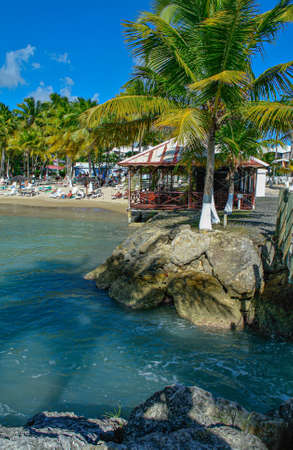View from the sea of beach full of tourists in Isla Margarita, Venezuelaのeditorial素材
