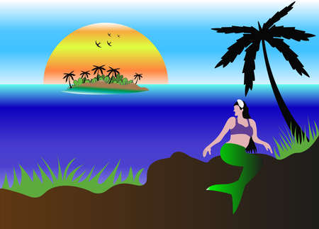 mermaid on the beach flat illustration vectorのイラスト素材