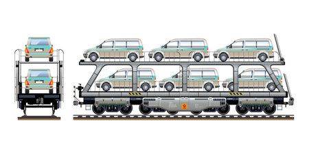 Car carrier railway carriage, locomotive wagon vehicle transporting cars on two levels 3D vector illustrationのイラスト素材