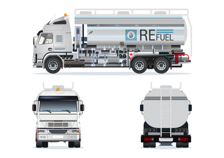 Airport Refuel Liquid Oil Tanker Petroleum truck trailer view from different angles vector set Illustrationのイラスト素材