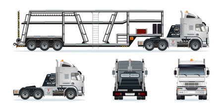 Car carrier trailer, big rig car hauler semi trailer truck transporting cars on two levels vehicle from various angles vector set illustrationのイラスト素材