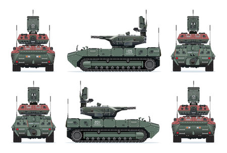 Tank support fighting vehicle BMPT heavy military weapon model realistic highly detailed flat vector set illustrationのイラスト素材