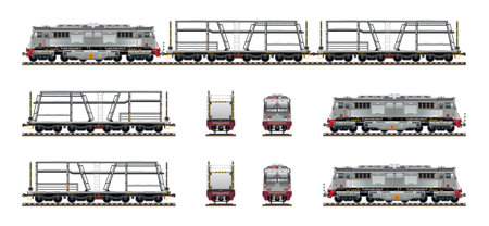 Commuter locomotive carriage train vehicle car carrier on two vehicle levels cargo delivery service realistic model highly detailed flat vector set illustrationのイラスト素材