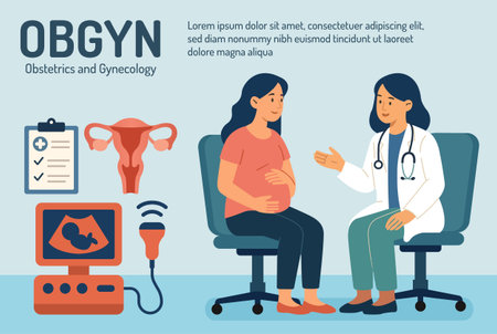 OBGYN obstetrics and gynecology clinic pregnancy patient and doctor poster template flat illustrationのイラスト素材