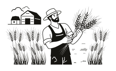 Farmer Holding Wheat Harvest in Field Vector Silhouette Illustrationのイラスト素材