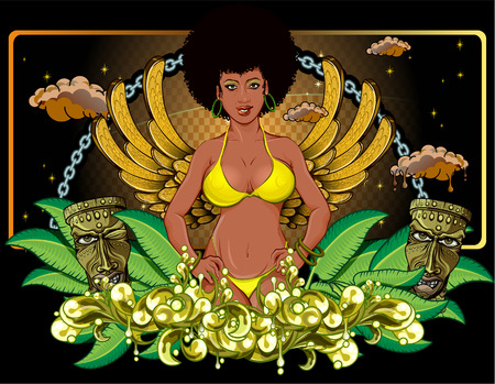Afroamerican girl in bikini with golden wings, clouds, two tikis and nature elementsのイラスト素材