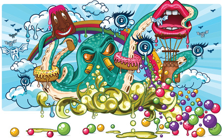 Illustration of an octopus with some sweets and candy in their tentacles, there are also decayed teeth and a balloon flying witrh shaped lipsのイラスト素材