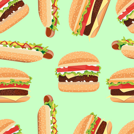 Fast Food seamless pattern hamburger and Hot Dog.のイラスト素材