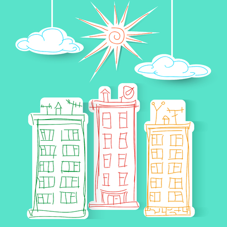 town freehand, sun and cloudsのイラスト素材
