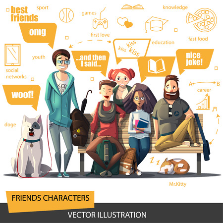 Friends characters set. A company of young people sitting on a bench. A group of people. Friends flat design. Five friends characters for Your business project. People characters Vector Illustrationのイラスト素材