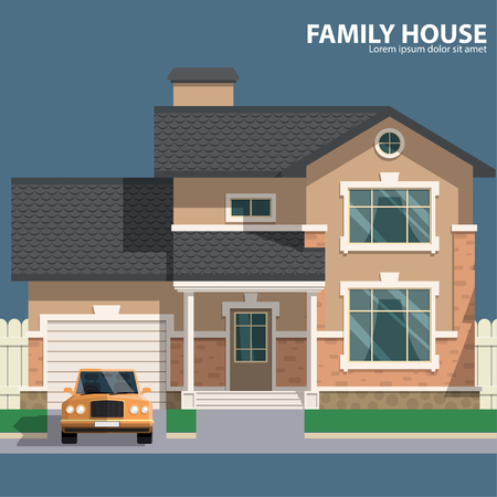 Family house and car. Hearth and home. Flat design. For your project. Vector Illustrationのイラスト素材