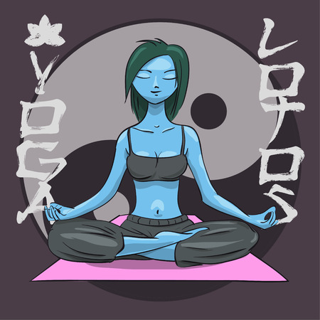 Yoga. Girl in the lotus position. Alien girl. Yin Yang symbol. Vector Illustrationのイラスト素材